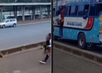 A photo collage of the man caught assaulting the passsenger and a photo showing passengers looking on at the scene where the matatu stopped.