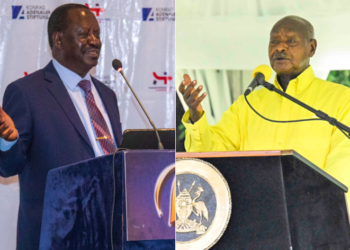 A collage of Ugandan President Yoweri Museveni (right) with Kenyan opposition leader Raila Odinga.