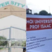 A collage of Moi University gate and a banner calling for removal of VC Isaac Kosgey.