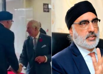 A photo collage of a screengrab of billionaire Jaswant Rai welcoming King Charles to ab uilding in West;ands and a photo og the renowned businessman.
