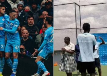 A photo collage of Manchester City players celebrating after scoring a goal in a past match and a screengrab of the football engagements in Kibera.