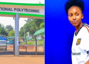 A photo collage of Kisii National Polytechnic's gate (left0 and a photo of Lucy Boke who was murdered in a suspected fight with her ex-boyfriend.