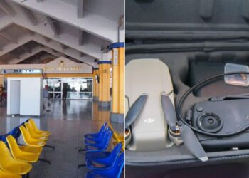 A photo collage of a photo showing a section of the Moi International Airport in Mombasa (left0 and a photo of some drones confiscated by KRA officers at the JKIA.