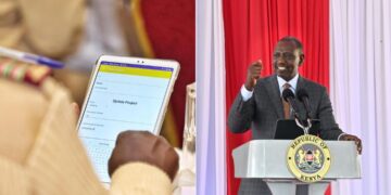A Collage of National Government Administrative Officer uses a tablet in the past (left) and President William Ruto (Right) PHOTO/Courtesy