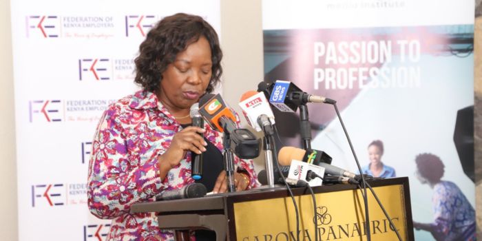 FKE CEO Jacqueline Mugo speaks during a p[ast FKE function in Nairobi. 