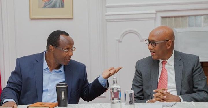 Mmembers of the President's council of economic advisors David Ndii (left) and Aden Mohamed in a past function.