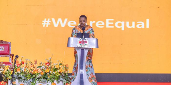 First Lady Mama Rachel Ruto speaks during the JOYWO event held at Kasarani Stadium on November 24, 2023. 