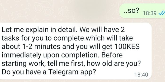 A screenshot of a WhatsApp message shared by the DCI to illustrate tricks used in phishing attacks. 