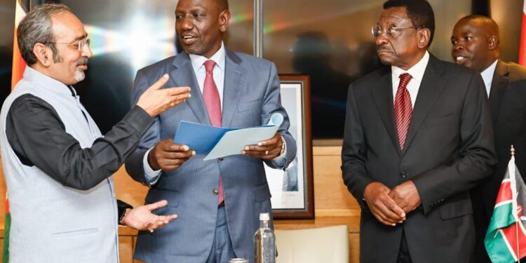 President William Ruto with Governor James Orengo and Stephen Sang in India.