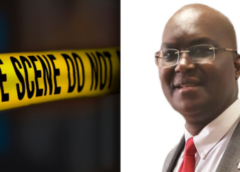 A photo collage of a portrait of Leonard Mwithiga 9right) and a photo os a crime scene banner.