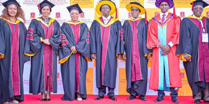 Deputy President Rigathi Gachagua (center) and Health CS Susan Nakhumicha (third from left) pose for a photo with other leaders during the KMTC graduation at Kasarani on December 7, 2023. 