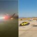 A photo collage of a photo taken from a window of the KQ aircraft and a photo of a fire engine in action in the airport.