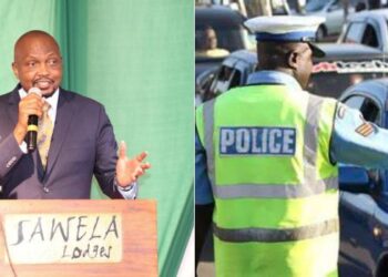 A photo collage of Public Service Cabinet Secretary Moses Kuria (left) and a photo of a police officer controlling traffic.