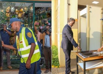 A photo collage of PSRA Director General going through the X-ray scanners at a mall in Nairobi.