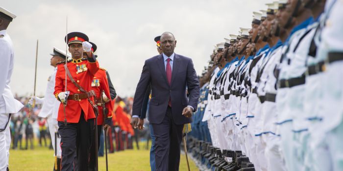 President William Ruto inspects a guard of honour during the Jamhuri Day celebrations at Uhuru Gardens on December 12, 2023. 
