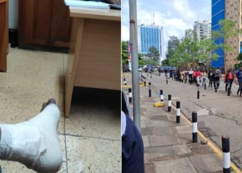 A photo collage of Fafi MP Yakub Salah's foot (left) and a past photo of members of the public lining up for services at the Nyayo House.