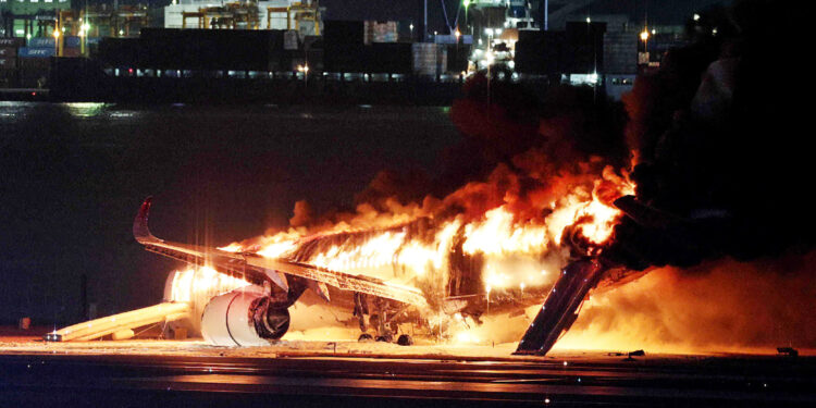 A Japan Airlines plane on fire on a runway of Tokyo's Haneda Airport on January 2, 2024. PHOTO/Courtesy.