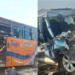 A collage photo of car a bus wreck and a car wreck.