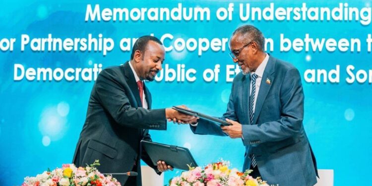 Ethiopia Prime Minister Abiy Ahmed Ali and the President of Somaliland Muse Bihe Abdi after siging a Memorandum of Understanding in Addis Ababa on January 2, 2024. PHOTO/ Office of Prime Minister Ethiopia.