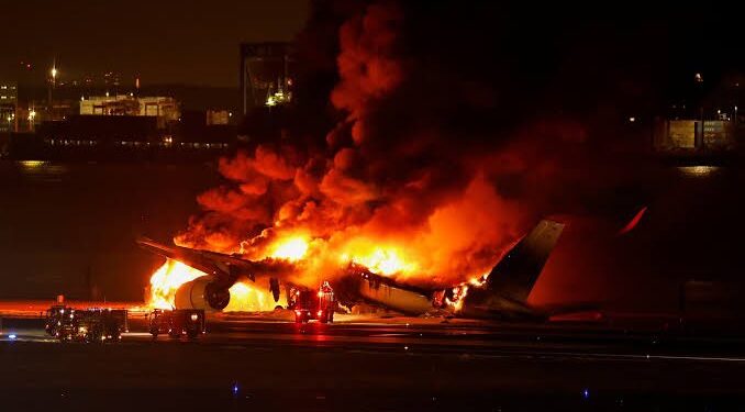 Photo of the Japan Airlines plnae on fire at Haneda airport in Tokyo