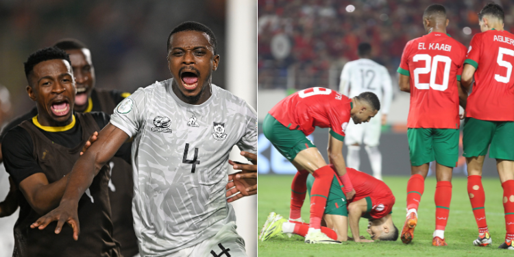 A collage phot of South Africa players celebrating a 1-0 win against Morocco and Achraf Ziyech after losing a penalty.