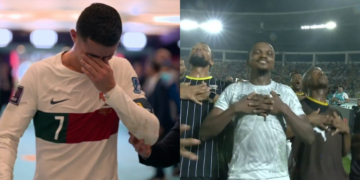 A collage Photo of emotional Christiona Ronaldo after1-0 loss to Morocco in the 2022 World Cup Quarter Finals and South Africa tean idolizing his celebration style after a 2-0 win against Morocco. PHOTO/Courtesy.