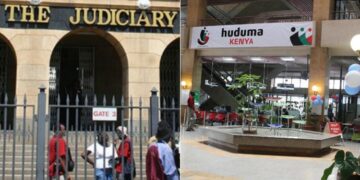 A collage of Judiciary of Kenya building and Huduma Centre Office.