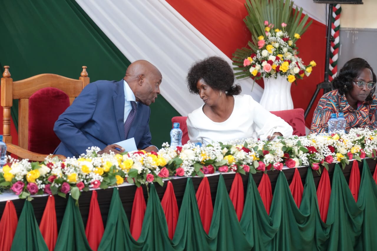 Education Cabinet Secretary Ezekiel Machogu (left) and TSC CEO Nancy Macharia during the release of the 2023 KCSE exam at Moi Girls High School, Eldoret, on January 8, 2023.