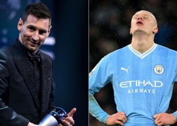 A photo collage of Inter Miami and Argentina forward Lionel Messi (left) and a photo of Manchester City forward Erling Haaland.