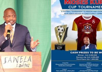 A side-by-side photo of Public Service Cabinet Secretary Moses Kuria and a poster of his upcoming tournament.