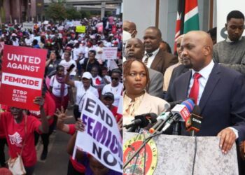 A photo collage of Public Service Cabinet Secretary Moses Kuria giving a past address (right) and a photo of women protesting against femicide in Nairobi on January 27, 2024.