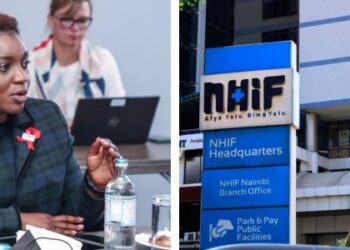 A photo collage of Health CS Susan Nakhumicha and the headquarters of the NHIF in Nairobi.