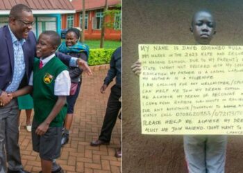A side by side photo of ICT CS Eliud Owalo with the boy and a photo of the boy's appeal for aid.