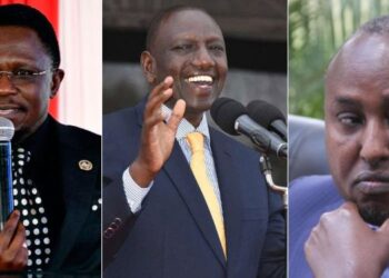 A photo collage of President William Ruto (center), Sports CS Ababu Namwamba (left) and Suna East MP Junet Mohamed.