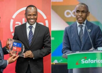 A photo collage of ABSA Kenya MD Abdi Mohamed and the bank's Head of Corporate Relations Charles Wokabi pose for a photo with Top Employers award (left) and Safaricom CEO Peter Ndegwa speaking in a past meeting.
