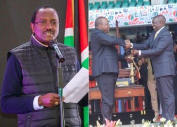 A photo collage of Wiper Party Leader Kalonzo Musyoka (left) and a photo of former President Uhuru Kenyatta handing over power to President William Ruto.
