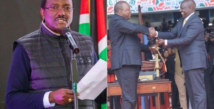 A photo collage of Wiper Party Leader Kalonzo Musyoka (left) and a photo of former President Uhuru Kenyatta handing over power to President William Ruto.