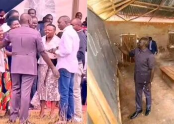 A photo vollage of President William Ruto having a conversation with Kapsaret MP Oscar Sudi (right) and First Lady Rachel Ruto (left) and President Ruto inside a classroom at his former school in Kamagut.