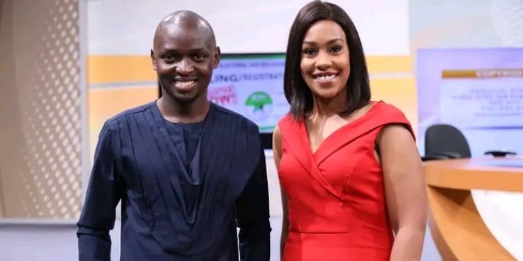 Kaizer Obed (left) poses for a photo with Citizen TV news anchor Victoria Rubadiri. 