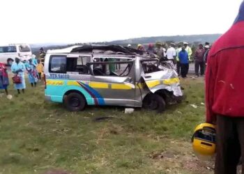 The wreckage of an MTN Sacco matatu involved in an accident along the Nyeri-Nyahururu Road on February 3.