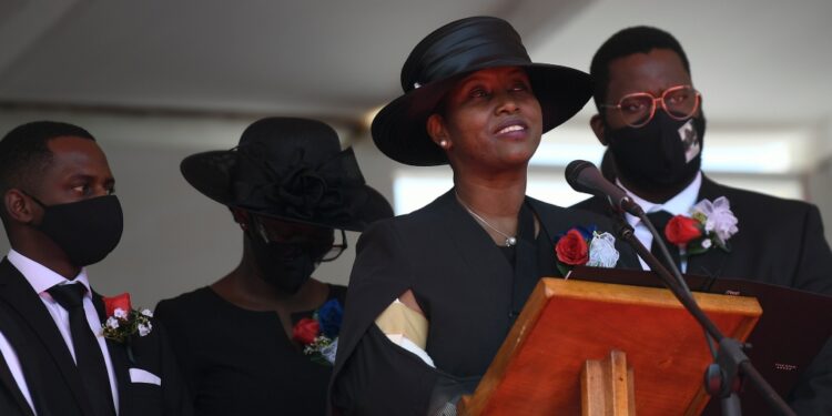 Former first lady of Haiti, Martine Moise, speaks during the funeral of her slain husband, former President Jovenel Moise, on July 23, 2021.