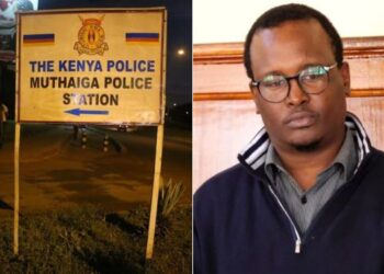 A side-to-side photo of a signage directing to the Muthaiga Police Station and a photo of murder suspect Kevin Kang'ethe in a past appearance in court.