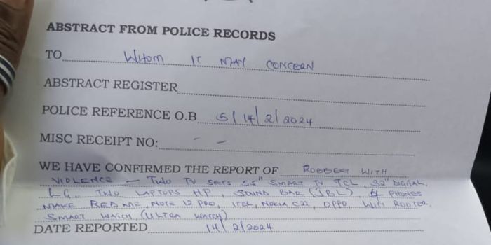 A police abstract of a robbery that took place in the Naivasha-Mirera area on February 14, 2023. PHOTO/SIKIKA ROAD SAFETY