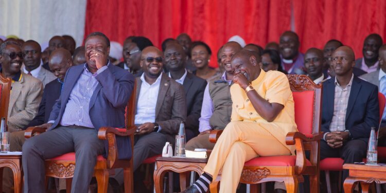 President William Ruto with PCS Musalia Mudavadi during the Interdenominational Prayer Service at the Approved School Grounds, Kakamega County. He said Chebukati can vie