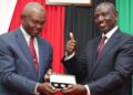 Central Bank of Kenya (CBK) Governor Kamau Thugee (left0 and President William Ruto pose for a photo in a past function. photo/courtesy