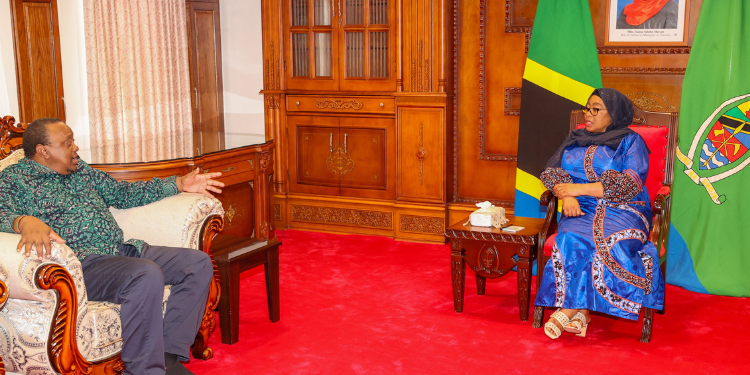 Former Kenyan President Uhuru Kenyatta with Tanzania President Samia Suluhu. PHOTO/Office of the 4th President Kenya.