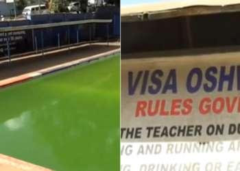 A collage photo of Visa Oshwal Primary School swimming pool and the school's signpost. PHOTO/ Courtesy.