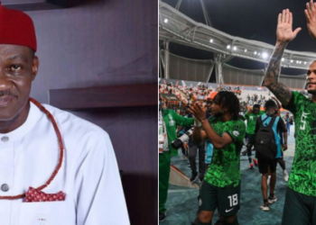 Side to side photo of politician Cairo Ojougboh and Nigerian players applauding.PHOTO/Courtesy