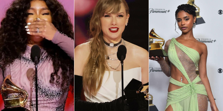 A photo collage of SZA, Taylor Swift and Tyla at the 2024 Grammy awards. PHOTO/Grammys X.
