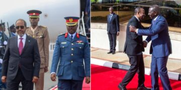 A side to side photo of Somali President arriving at the JKIA and a photo of President William Ruto with Prime Minister Abbiy Ahmed of Ethiopia at State House.